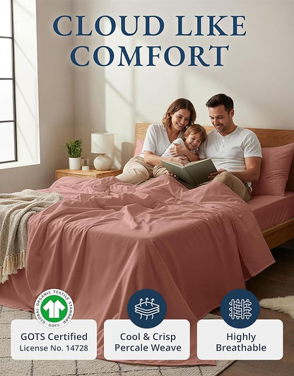 LANE LINEN 100% Organic Cotton Twin Sheet Set, Soft & Comfy Premium Bedding Sheets & Pillowcases, Luxury Hotel Like Percale Sheets, Reinforsed French Seam in Fitted Sheets Pocket - Rose Dawn