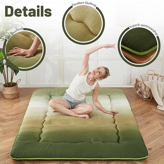 Japanese Floor Mattress, Futon Mattress with Portable Storage Bag and Washable Cover, Roll Up Thick Tatami Mat Suitable for Camping, Guest Room (Forest Gradient, Full)