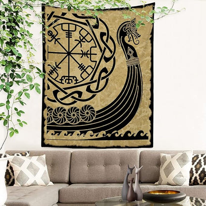 Batmerry Vikings Ancient Scandinavian Tapestry,Warship Boat Old Ancient Sea Wall Art Hanging Decoration Polyester Fiber White Ruffled Around for Dorm Room Bedroom Living Room, 82.7x59.1 inches