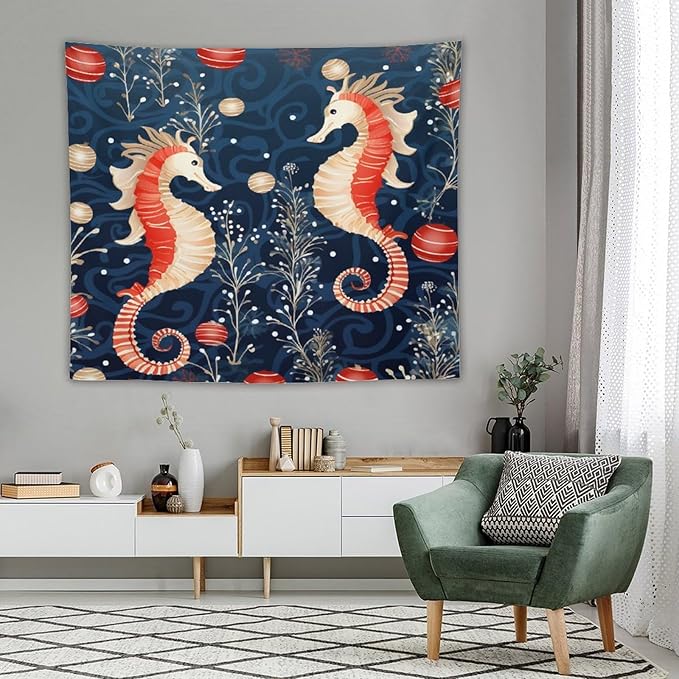 Tapestry Seahorse Christmas Kiss Beach Tapestry Aesthetic Vintage Ocean Seahorse Tapastry's Wall Hanging Wall Tapestry for Dorm Living Room Landscape 50"x60" Tapestries Winter Snowflake Decorative