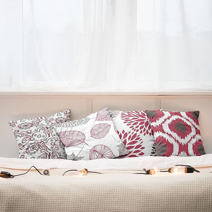 Ambesonne Vintage Throw Pillow Cushion Case Pack of 4, Bohemian Ornamental Leaves Dahlia Pattern Geometric Art Curlicue Motif, Modern Accent Double-Sided Digital Printing, 16", Raspberry Taupe White