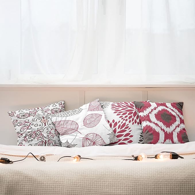 Ambesonne Vintage Throw Pillow Cushion Case Pack of 4, Bohemian Ornamental Leaves Dahlia Pattern Geometric Art Curlicue Motif, Modern Accent Double-Sided Digital Printing, 24", Raspberry Taupe White