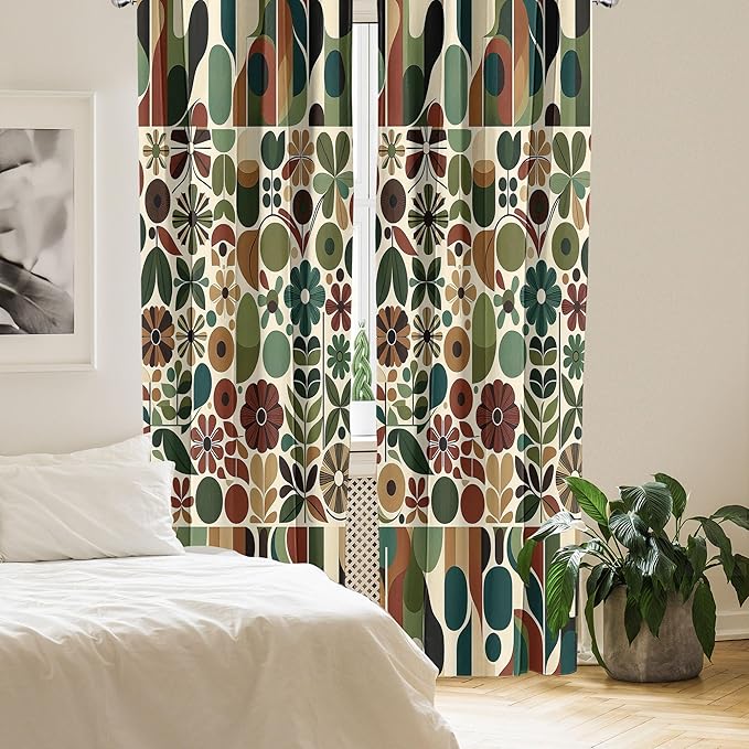 Ambesonne Scandinavian Window Curtains Pack of 2, Abstract Geometric Art of Leaves and Flowers with Bohemian Feel, Lightweight Set with Rod Pocket, 4 Panels of - 28" x 84", Olive Green Redwood Beige