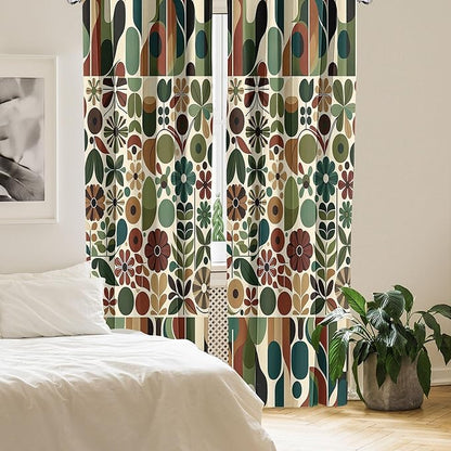 Ambesonne Scandinavian Window Curtains Pack of 2, Abstract Geometric Art of Leaves and Flowers with Bohemian Feel, Lightweight Set with Rod Pocket, 4 Panels of - 28" x 95", Olive Green Redwood Beige