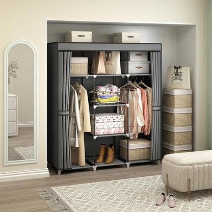 Portable Closet Wardrobe, 51-Inch Clothes Organizer with 2 Hanging Rods and 8 Shelves, Non-Woven Fabric Cover, Medium Capacity Storage for Bedroom and Living Room, Grey