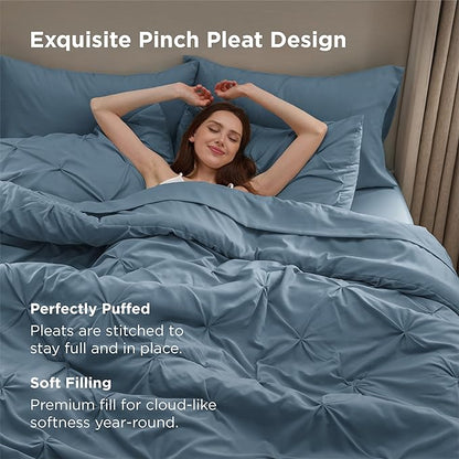 Bedsure Full Comforter Set Mineral Blue - Bed in a Bag Full Size Bedding Set 7 Pieces, GentleSoft™ Pintuck Bed Set Gift for Family, Pinch Pleat All Season Comforter with Sheets, Pillowcases & Shams