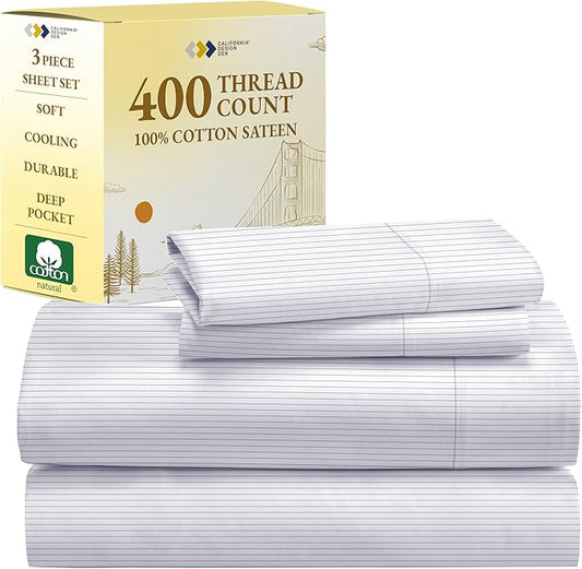 California Design Den Deep Pocket Twin Sheets Set - 400 Thread Count Sateen, Natural 100% Cotton Sheets, Cooling and Durable Bedding Set - Pinstriped