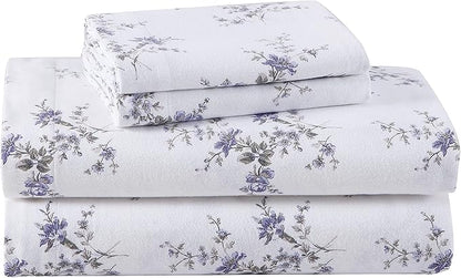 Laura Ashley - Flannel Sheets King Size, Anti-Pilling & Wrinkle Resistant Cotton, Touchably Soft for All-Season Comfort - Bed Sheets with Matching Pillowcases & Fitted Sheet (Jessika Lavender)