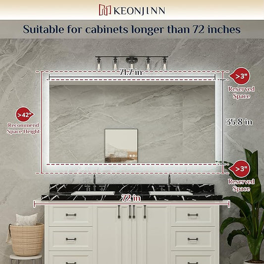 Keonjinn LED Mirror for Bathroom 72 x 36 Inch, Backlit Mirror Bathroom Oversize, Stepless Dimmable Wall Mirrors with Anti-Fog, CRI90+ HD Tempered Glass, Horizontal/Vertical Mounting for Vanity