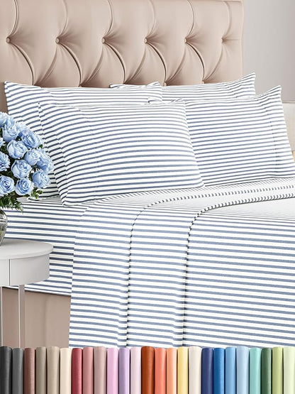 Cal King 6 Piece Sheet Set - Comfy Breathable & Cooling - Soft Hotel Luxury Bedding Set w/ 8-16 Inch Deep Pockets - 1 Flat & 1 Fitted Sheet & 4 Pillowcases - Wrinkle Free & Easy Care - Blue Stripes 2