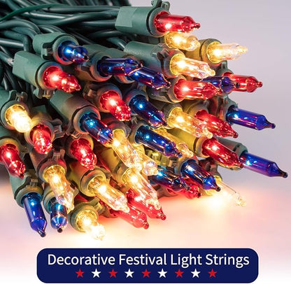 4th of July Decoration Patriotic Mini String Lights - 200 Count 50 Feet Red White Blue Christmas Lights Green Wire Waterproof for Indoor Outdoor Xmas Holiday Party Patio Independence Day Decoration