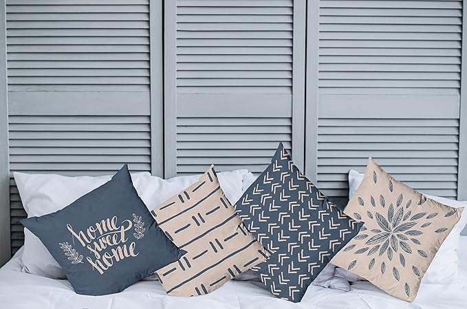 Ambesonne Modern Throw Pillow Cushion Case Pack of 4, Scandinavian Minimal Ornaments Boho Feather Leaves and Home Phrase, Modern Accent Double-Sided Digital Printing, 20", Pale Tan and Slate Blue