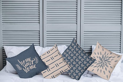Ambesonne Modern Throw Pillow Cushion Case Pack of 4, Scandinavian Minimal Ornaments Boho Feather Leaves and Home Phrase, Modern Accent Double-Sided Digital Printing, 18", Pale Tan and Slate Blue