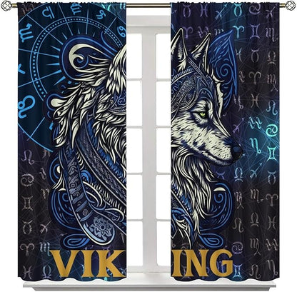 Viking Wolf Curtains Blue Rune Nordic Gothic Animal Curtains Dark Ancient Totem Mythological Pattern Printed Curtains Boys Bedroom Living Room Decoration Blackout Curtains W42 * L63 Inch