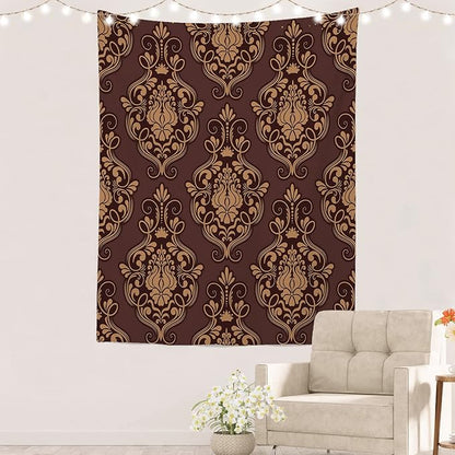 Batmerry Brown Damask Floral Tapestry, Vintage Golden Brown Damask Pattern Wall Art Hanging Decoration Polyester Fiber White Ruffled Around for Dorm Room Bedroom Living Room, 82.7x59.1 inches