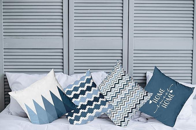 Ambesonne Modern Throw Pillow Cushion Case Pack of 4, Geometric Style Pattern of Triangles Zigzags Love Home Phrase Design, Modern Accent Double-Sided Digital Printing, 20", Petrol Blue and White
