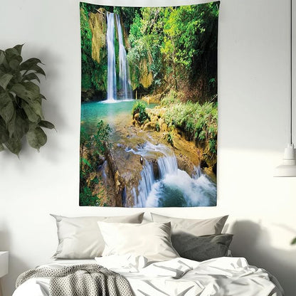 Lunarable Nature Tapestry King Size, Green Forest Waterfall and River Pool Pond Water Source Earth Landscape, Wall Hanging Bedspread Bed Cover Wall Decor, 30" X 45", Pale Brown and Green