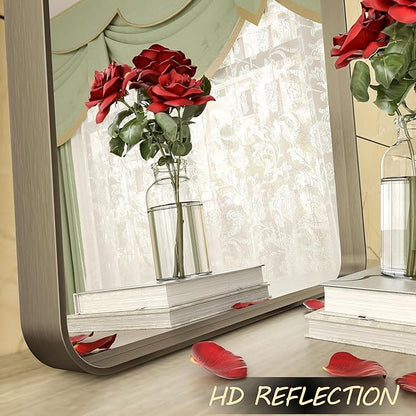24x36 Bronze Bathroom Mirror, Brushed Metal Bathroom Vanity Mirrors for Wall, Modern Rounded Corner Rectangle Mirror for Farmhouse, Bedroom, Anti-Rust (Horizontal/Vertical)