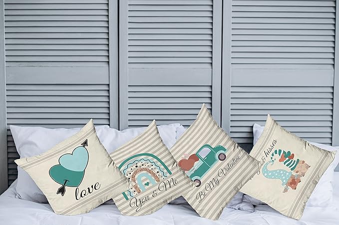 Ambesonne Romantic Throw Pillow Cushion Case Pack of 4, Love Hearts Arrow You and Me Be My Valentine Hugs Kisses Lettering, Modern Accent Double-Sided Digital Printing, 16", Teal Ivory Pale Eggshell