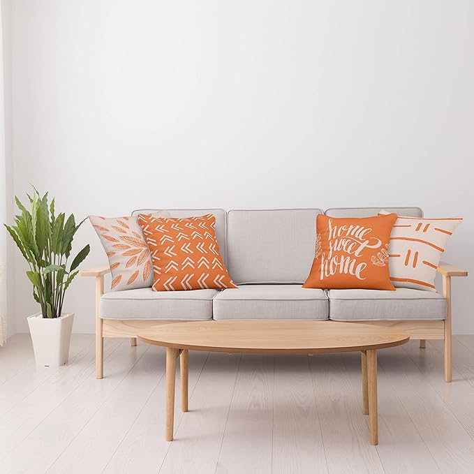 Ambesonne Modern Throw Pillow Cushion Case Pack of 4, Scandinavian Minimal Ornaments Boho Feather Leaves and Home Phrase, Modern Accent Double-Sided Digital Printing, 24", Pale Tan and Burnt Orange