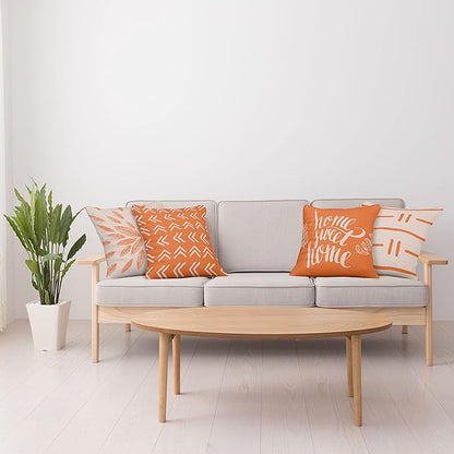 Ambesonne Modern Throw Pillow Cushion Case Pack of 4, Scandinavian Minimal Ornaments Boho Feather Leaves and Home Phrase, Modern Accent Double-Sided Digital Printing, 18", Pale Tan and Burnt Orange