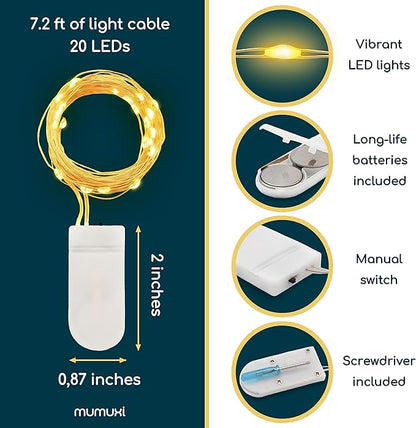MUMUXI 12 Pack 7.2ft Fairy Lights Battery Operated String Lights, 20 Mini LEDs for Centerpiece Table Decorations, Wedding Party Bedroom Mason Jar Christmas Decor, Warm White