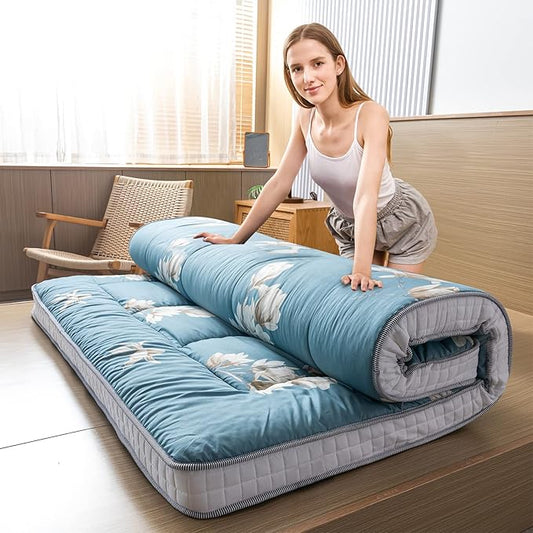 MAXYOYO Floral Printed Futon Mattress, Japanese Floor Mattress Quilted Bed Mattress Topper, Extra Thick Folding Sleeping Pad Breathable Floor Lounger Guest Bed for Camping Couch, Full Size