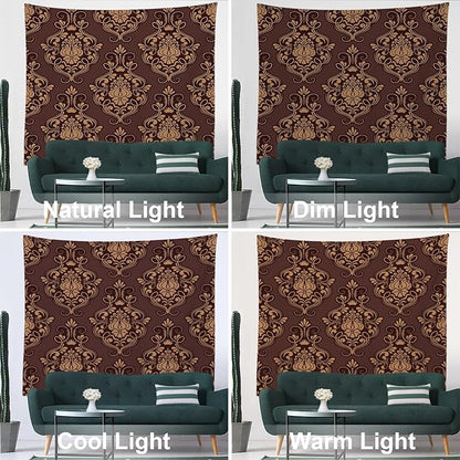 Batmerry Brown Damask Floral Tapestry, Vintage Golden Brown Damask Pattern Wall Art Hanging Decoration Polyester Fiber White Ruffled Around For Dorm Room Bedroom Living Room, 90.6 X 78.7 Inches