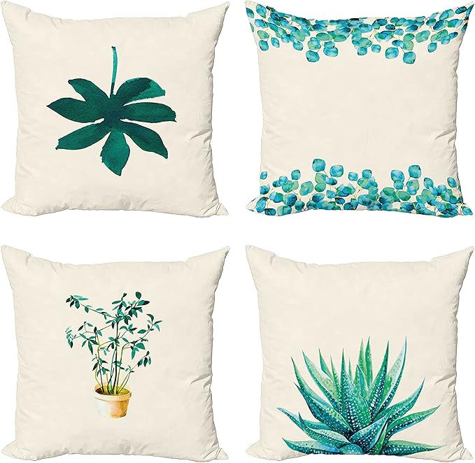 Ambesonne Botanical Throw Pillow Cushion Case Pack of 4, Minimalist Watercolor Painting Leaves Agave Branches Plant in a Pot, Modern Accent Double-Sided Digital Printing, 24", Teal Turquoise and White
