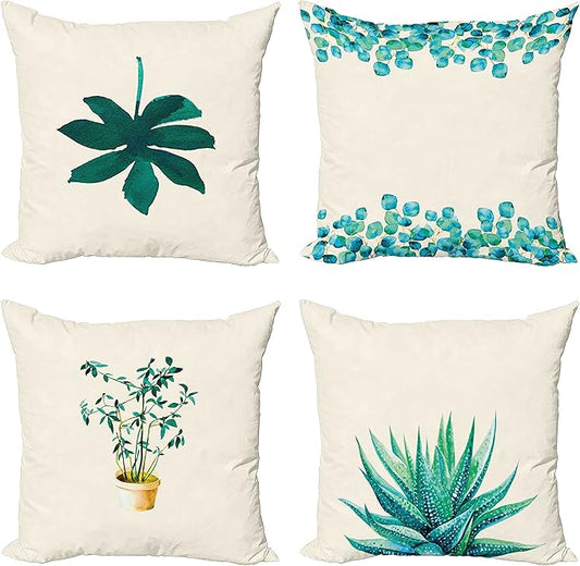Ambesonne Botanical Throw Pillow Cushion Case Pack of 4, Minimalist Watercolor Painting Leaves Agave Branches Plant in a Pot, Modern Accent Double-Sided Digital Printing, 24", Teal Turquoise and White