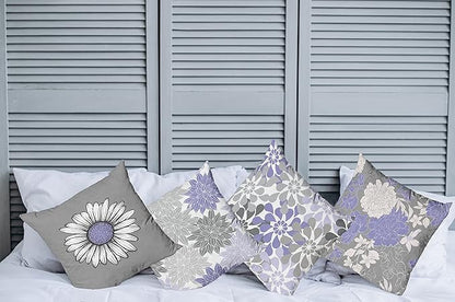 Ambesonne Floral Throw Pillow Cushion Case Pack of 4, Flower Petals Modern Color Palette Chamomile Peony Dahlia and Sunflower Print, Modern Accent Double-Sided Digital Printing, 20", Lavender and Grey