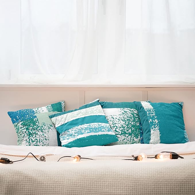 Ambesonne Grunge Throw Pillow Cushion Case Pack of 4, Abstract Design Simplistic Minimal Stripes Brushstrokes Contemporary, Modern Accent Double-Sided Digital Printing, 16", Teal Blue and Mint Green