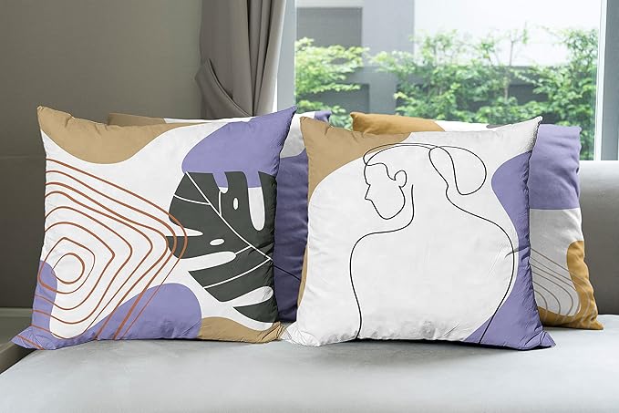 Ambesonne Minimal Throw Pillow Cushion Case Pack of 4, Modern Line Art Woman Portrait with Contemporary Leafy Geometric Details, Modern Accent Double-Sided Digital Printing, 24", Tan Amber Lavender