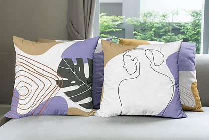 Ambesonne Minimal Throw Pillow Cushion Case Pack of 4, Modern Line Art Woman Portrait with Contemporary Leafy Geometric Details, Modern Accent Double-Sided Digital Printing, 24", Tan Amber Lavender