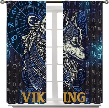 Viking Wolf Curtains Blue Rune Nordic Gothic Animal Curtains Dark Ancient Totem Mythological Pattern Printed Curtains Boys Bedroom Living Room Decoration Blackout Curtains W52 * L84 Inch