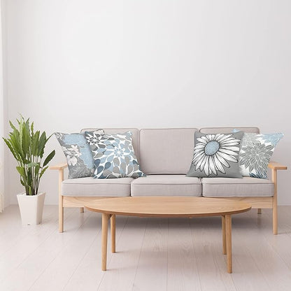 Ambesonne Floral Throw Pillow Cushion Case Pack of 4, Flower Petals Modern Color Palette Chamomile Peony Dahlia and Sunflower Print, Modern Accent Double-Sided Digital Printing, 20", Baby Blue Grey