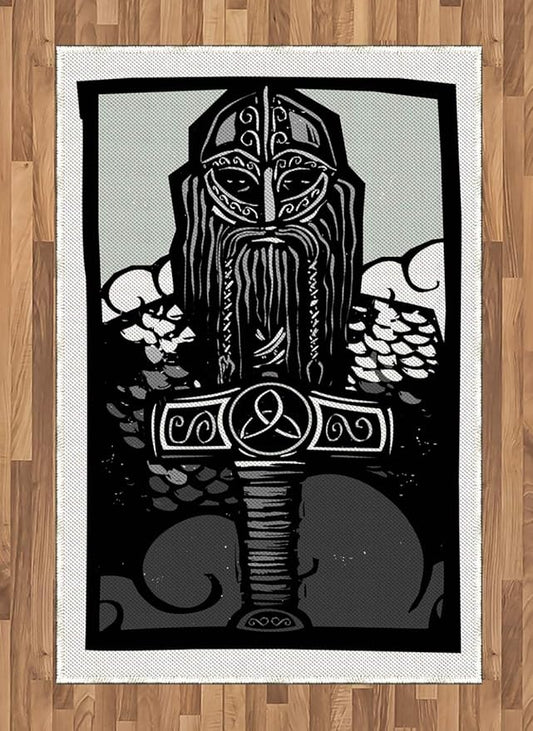 Lunarable Viking Area Rug, Thor Son of Odin Monochrome Design Guardian of Asgard Scandinavian Culture, Flat Woven Accent Rug for Living Room Bedroom Dining Room, 4' X 5' 7", Black White