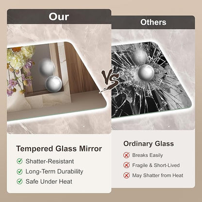 48''x36'' Lighted Mirrors for Bathroom Wall Backlit Rectangular Rounded Corners, LED Bathroom Mirror Frameless with Lights Anti Fog, Dimmable, 3 Colors,Tempered Glass, Shatter-Proof (Color 2)