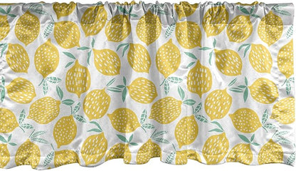 Lunarable Mint and Yellow Window Valance Pack of 2, Summer Fruit Pattern with Dots Stripes Doodle Lemons and Leaves, Rod Pocket Curtain Valances for Kitchen Bedroom, 54" X 12", Mint Green