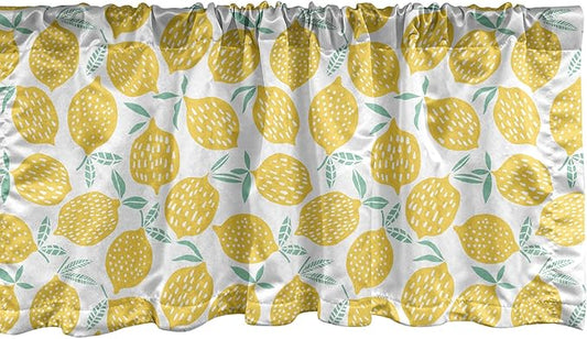 Lunarable Mint and Yellow Window Valance Pack of 2, Summer Fruit Pattern with Dots Stripes Doodle Lemons and Leaves, Rod Pocket Curtain Valances for Kitchen Bedroom, 54" X 12", Mint Green