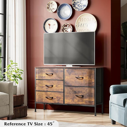 WLIVE Dresser for Bedroom with 5 Drawers, Wide Chest of Drawers for Bedroom, Fabric Dresser for Living Room, Closet, Hallway, Rustic Brown Wood Grain Print