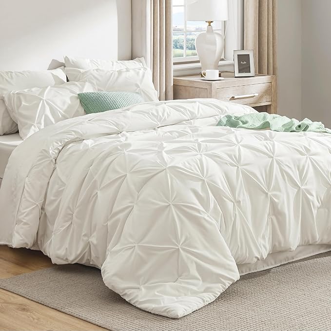 Bedsure California King Comforter Set - Cal King Bed Set 7 Pieces, Pinch Pleat Ivory Cali King Bedding Set with Pintuck Comforter, Sheets, Pillowcases & Shams