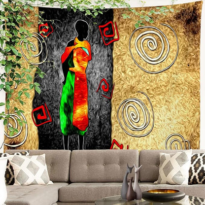 Batmerry African Ethnic Retro Tapestry, Vintage Motive Oil Landscape Fashion Wall Art Hanging Decoration Polyester Fiber White Ruffled Around For Dorm Room Bedroom Living Room, 90.6 X 78.7 Inches