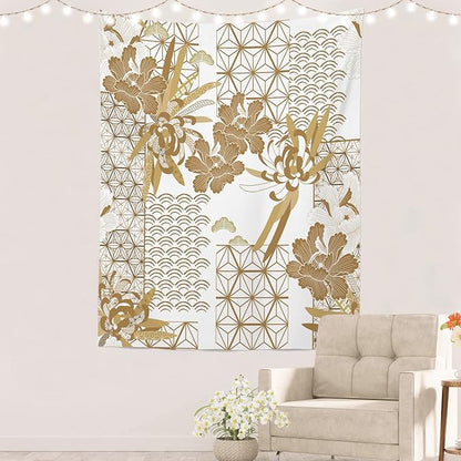 Batmerry Gold Japanese Floral Tapestry,Spring Wall Art Hanging Decoration Polyester Fiber White Ruffled Around for Dorm Room Bedroom Living Room, 59.1x39.4 inches