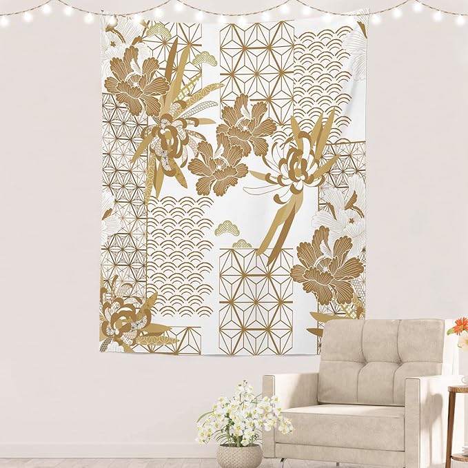 Batmerry Gold Japanese Floral Tapestry,Spring Wall Art Hanging Decoration Polyester Fiber White Ruffled Around for Dorm Room Bedroom Living Room, 59.1x51.2 inches