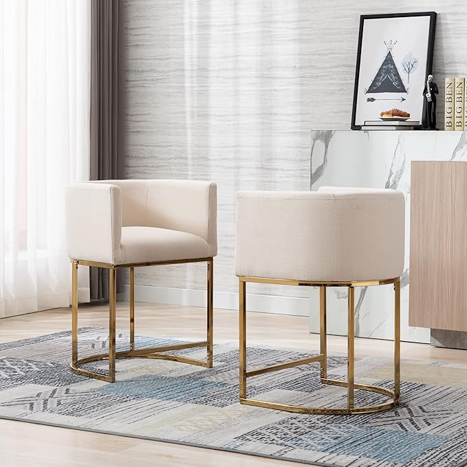 Modern Counter Height Linen Upholstered Bar Stools Set of 2, 24" Kitchen Counter Island Stools Bar Chairs with Gold Metal Frame for Kitchen Island, Cream