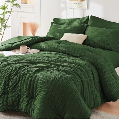 HYMOKEGE Dark Green Full Size Comforter Sets Seersucker 7 Pieces, All Season Luxury Bed in a Bag for Bedroom, Bedding Set with Comforters, Sheets, Pillowcases & Shams