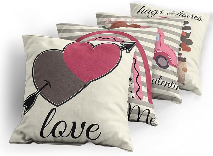 Ambesonne Romantic Throw Pillow Cushion Case Pack of 4, Love Hearts Arrow You and Me Be My Valentine Hugs Kisses Lettering Print, Modern Accent Double-Sided Digital Printing, 24", Ivory Taupe and Pink