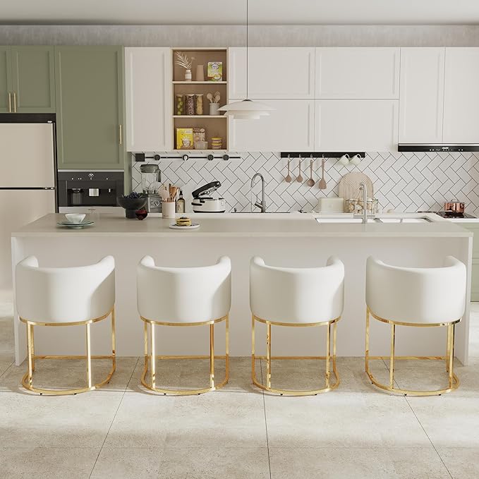 Modern Counter Height PU Leather Upholstered Bar Stools Set of 4, 24" Kitchen Counter Island Stools Bar Chairs with Gold Metal Frame, White
