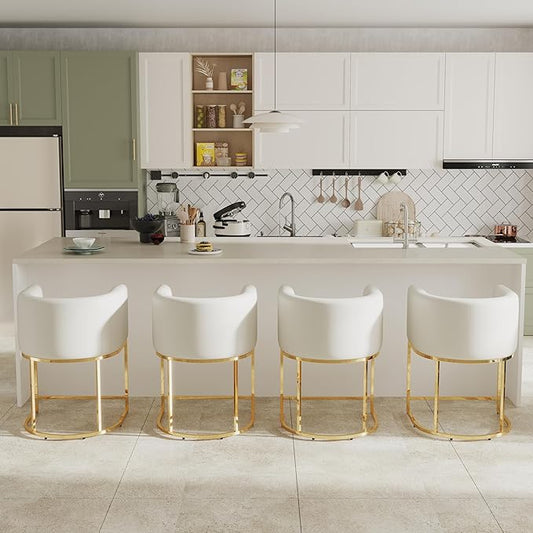 Modern Counter Height PU Leather Upholstered Bar Stools Set of 4, 24" Kitchen Counter Island Stools Bar Chairs with Gold Metal Frame, White